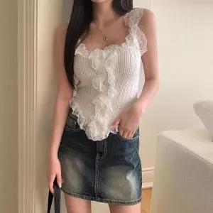 [하프클럽/셀러허브_여성트랜드패션]여자 레이스 프릴 유넥 크롭 골지 나시