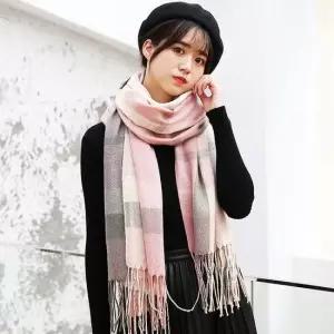 체크머플러 핑크그레이 귀달이모자 아동 일체형 귀달이모자