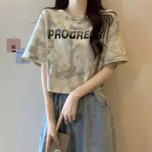 [하프클럽/]여성 루즈핏 물방울 염색 레터링 크롭 반팔 티