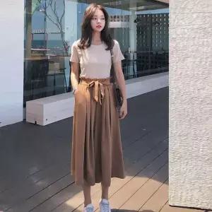 [하프클럽/]여성 심플 반팔 티셔츠 반바지 세트 롱스커트 끈 스타일 플레어