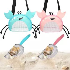 YOLEETC 4PCS 비치 장난감 메쉬 삽과 백 조개 가방 모래 필터 및 수집 체 껍질 도구 블루 핑크 크랩