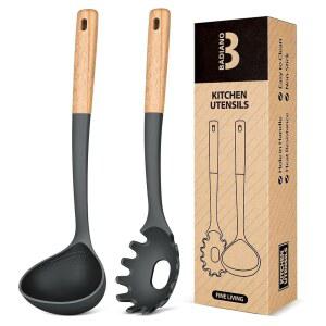 뜨거운 수프, 교반, 소스 파스타 제공에 완벽한 포크와 국자 세트, BPA 프리 매트 실리콘, 논스틱 조리 표면용 나무 손잡이 스파게티 스푼 (회색)