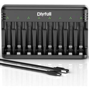 USB-C 고속 충전이 가능한 Dlyfull 8 Bay AA 배터리 충전기, 1.2V Ni-MH Ni-CD 충전식 독립 슬롯, 케이블 포함