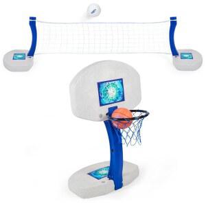 SwimWays 2-in-1 풀 스포츠 콤보 세트 - 그라운드 안팎의 풀, 성인 및 가족을 위한 야외 게임을 배구 네트 농구 후프