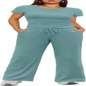 에쿠아르 여성용 2피스 라운지 세트 러쉬 반팔 상의와 와이드 레그 팬츠 라운지웨어 운동복 포켓 포함