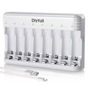 DLYPOW 8 베이 배터리 충전기 AAA, 스마트 자동 차단 기능이 있는 USB-C 고속 충전, Ni-MH Ni-CD 충전식 독립 슬롯, 케이블 포함