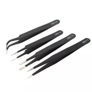 AKOAK 4개 ESD 핀셋 세트 속눈썹 연장용 정전기 방지 스테인리스 스틸 - 직선 및 곡선 팁 블랙