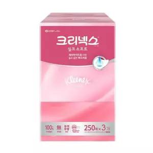 실크소프트 크리넥스 미용티슈 각티슈 x3입 250매 천연펄프 미용티슈 가정용티슈 도톰한티슈 저자극 무향
