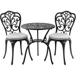 WITHNITURE 3피스 비스트로 파티오 세트 주조 정원용 야외 쿠션 블랙 금속 가구 우산 있는 구멍이 알루미늄 테이블 포함 세트 의자 2개