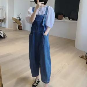 포뇨 여성용 데님 카고 와이드팬츠 루즈핏 점프슈트 멜빵바지 하이웨스트 9부 OPH1