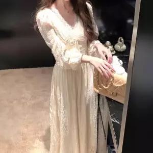 치마 원피스 롱 빈티지 가을 프렌치 긴팔 슬림핏 브이넥 여자쉬폰원피스 A라인 쉬폰 ible3