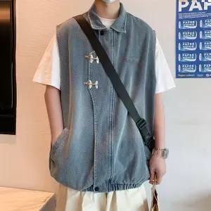 호크아이 남성 데님 청 민소매 다운 조끼 스타일 버클 데일리룩 재킷 항공기 KUK5