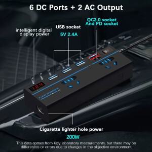 200W 인버터 저장 배터리 컨버터 DC 12V/24V에서 AC 110V/220V로 변환기 8포트 USB 충전기 전원 소켓 차량