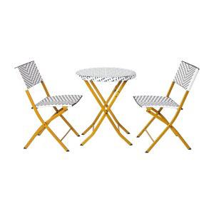 FLASH FURNITURE ROUEN 상업용 등급 접이식 네이비 라탄 테이블 화이트 세트 스틸 실외 프레임 등받이 실내 비스트로 PE 시트 3피스