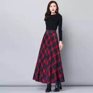 EAMT 치마 롱 모직 여성용 추동 체크 A라인 YJ3
