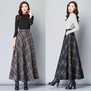 EAMT 여성용 모직 빈티지 체크 롱스커트 추동 YJ3
