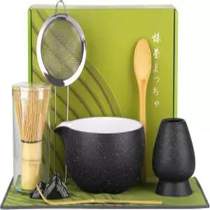 셰프비 8PCS 말차 위스키 세트 세라믹 티볼 키트 볼 및 채센 홀더 체스터 대나무 스푼 스쿱 휴식 티 타월