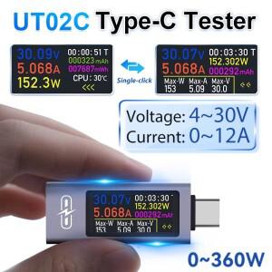 UT02C USB 컬러 스크린 Type-C 테스터 전압 전류계 DC4-30V 12A 고속 충전  CPU 온도 모니터 전력계
