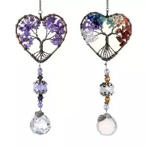 호환  1pc 레인보우 크리스탈 썬 캐처 생명의 나무 Suncatchers 하트 모양의 장식 차크라 스톤 창 크리스탈