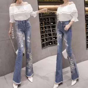 스판청바지 데님바지 청바지 4675 스판 플라워패치 반 IEz9+6MtA