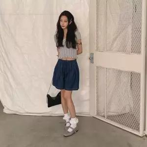 여성 스티치 디자인 면 와이드 큐롯 청반바지 팬츠