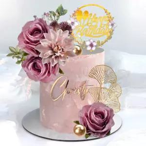 인조 보라색 장미 꽃이 달린 플라워 케이크 토퍼 생일 축하 결혼 용품용 유칼립투 잎