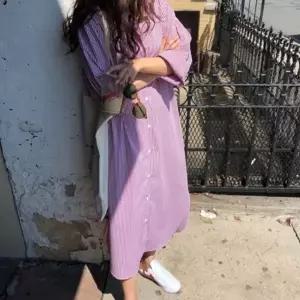 여성 스트라이프 카라 셔츠 롱원피스 핑크 1P 양쪽 포켓 루즈핏 체형커버