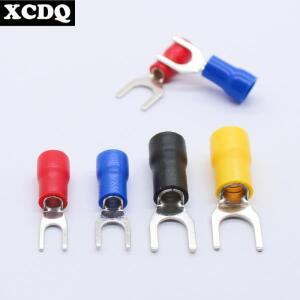 100pcs SV 황동 압착 전기 단자 포크 모양 스페이드 대형 전류 최종 프레스 전선 커넥터 슬리브 포함