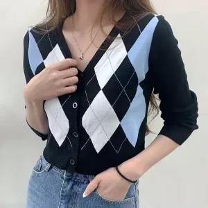 [반해써][데일리] 아가일 다이아몬드 브이넥 니트 긴팔 가디건 (하객룩출근룩) T_YW085