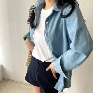 [하프클럽/네모엔룩]네모엔룩 스티치데님 데일리 워싱 기본 셔츠 카라넥 긴팔 블라우스 데님 청남방