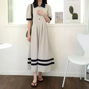 [하프클럽/보리맘]배색 카라 주름 데일리 루즈핏 롱 원피스 여름 임부복