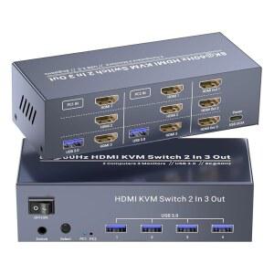 [미국배송] 8K@60HZ HDMI KVM 스위치 3 모니터 2대 4K@120HZ USB 3.0 3대 PC 관리용 키보드 마우스 1세트 공유 포트 4개