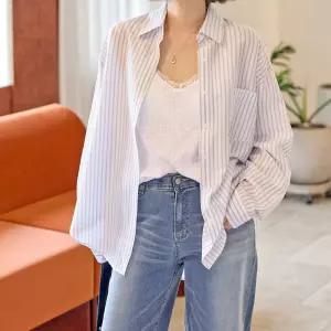 스트라이프 원포켓 카라 셔츠 긴팔 루즈핏 여성 빅사이즈