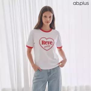 [ab.plus] 하트 프린팅 라인 배색 반팔 티셔츠 (LSA2MK38A)