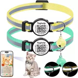 TAGHELP 스마트 QR 코드 캣 칼라 2팩 디지털 ID 태그가 있는 분리형 반사 - 벨(노란색 및 녹색)로 조절