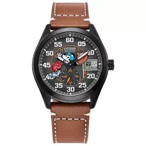 Citizen 남성용 Eco-Drive 디즈니 미키 마우스 야구 시계, 블랙 IP 스테인리스 스틸, 브라운 가죽 스트랩,