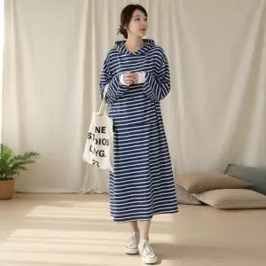 [옷자락]여성 스트라이프 오버사이즈 후드드레스 후디 후드티