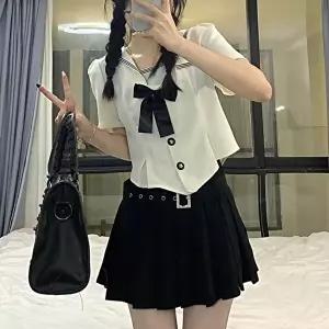 [교복몰]고품질 TBZ 아이보리 퍼프절개 반팔 버클치마 세라복 교복세트 일본교복 투몰월드교복대여 WFM37U