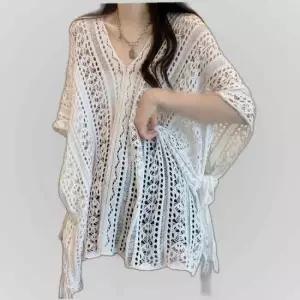 여름수영복 브이넥 니트 그물 펀칭 비키니 비치커버업