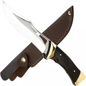 고정 칼날 스키너 - 가죽 칼집이 있는 25cm 길이의 사냥 칼 사슴 나무 손잡이와 황동 보호대가 프리미엄