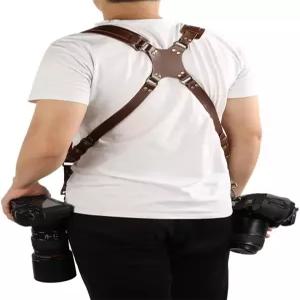 구시움 더블 카메라 스트랩 두 대용 어깨 조절 가능한 가죽 하네스 브라운