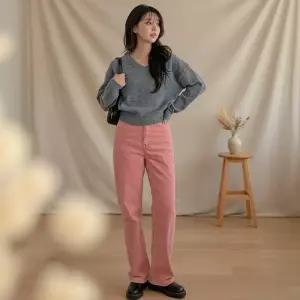 여성 베이직 브이넥 크롭 울니트 솜사탕 심플 무지