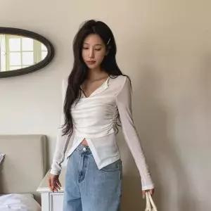 여성 봄철 슬림핏 브이넥 긴팔 레이어드 티셔츠 남방