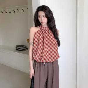 [하프클럽/]여자 벌룬핏 홀터넥 뒷단추 체크 블라우스