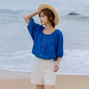 [엘리시아] 델로 린넨 셔링 퍼프 반팔 블라우스