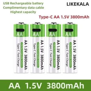 2025  1.5V AA USB 충전식 배터리 3800 mAh 리튬 이온 원격 제어 마우스 전기 장난감 + Type-C 케이블
