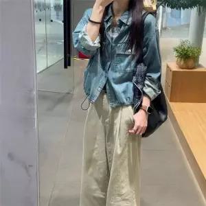 엘럽 빈티지 가을 여친 청 워싱 스트링 터틀넥 블로거 셔츠 무지데님 쇼트 원템3