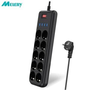 Melery 전원 스트립 10 웨이 AC 콘센트 EU 플러그 소켓 USB 충전 포트 2m 연장 코드 컴퓨터 TV 스마트 폰