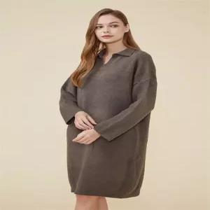 [난돌라]오픈 카라 롱 니트 원피스 카키브라운 (6026242A)