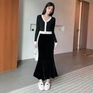 여자 스커트 검정 봄 데일리 시크 랩 A라인 벨벳 머메이드 골드 스포M1